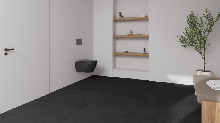 Modernes Badezimmer mit dunklem Fliesenboden, Hänge-WC und Regal