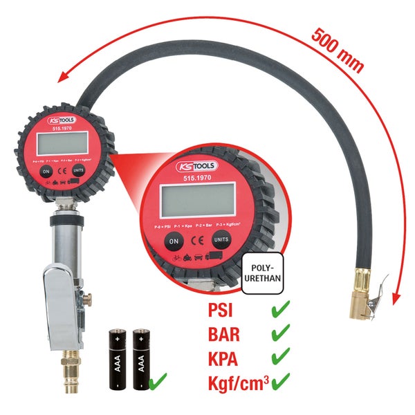 KS TOOLS Digitaler Druckluft-Reifenfüllmesser-14bar - 515.1970