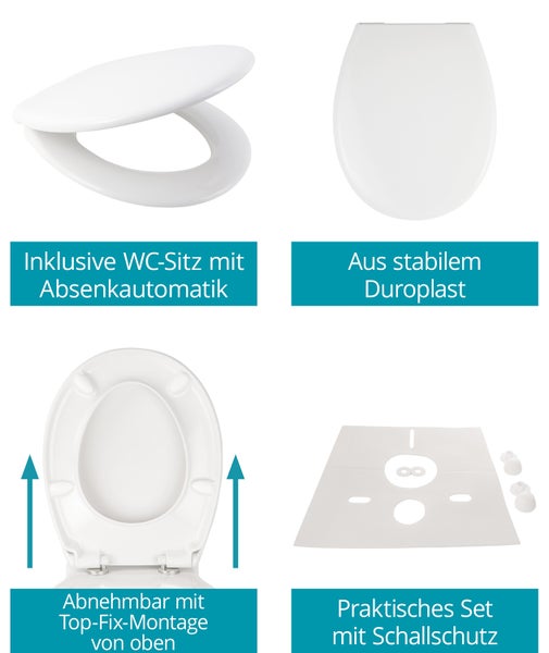 Calmwaters® Spülrandloses Wand WC im Set mit WC Sitz & Schallschutz, antibakterieller Toilettendeckel mit doppelter Absenkautomatik & abnehmbar, WC ohne Spülrand, mit Schallschutzmatte, 99000258