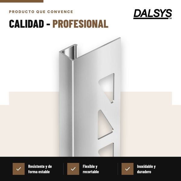 Dalsys Fliesenprofil in U Form aus Edelstahl zur Kantenabdeckung und zum Schutz von Fliesen.