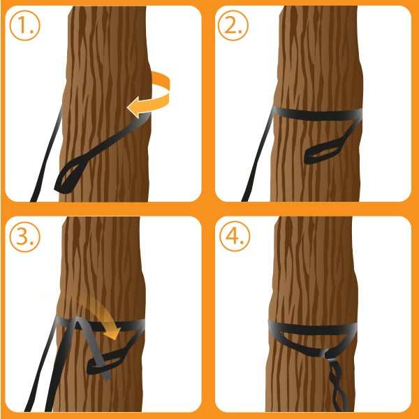 Montageanleitung zur Befestigung eines Baumgurtes an einem Baumstamm in vier Schritten.