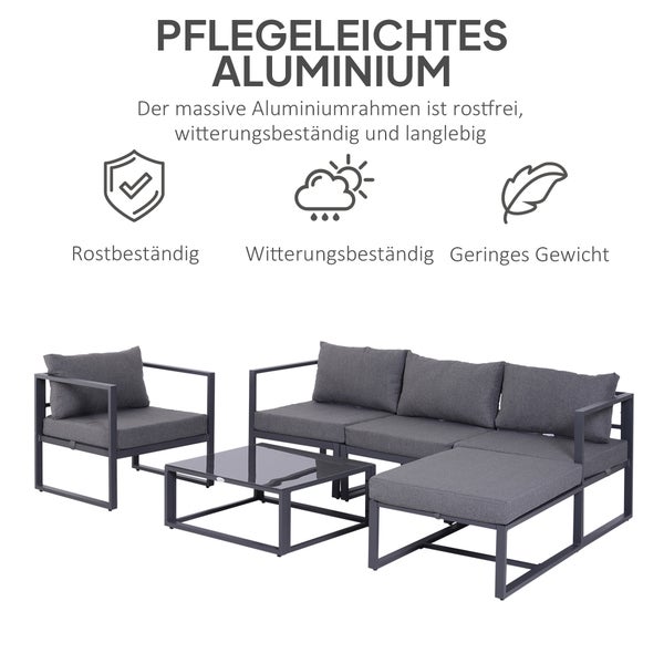Outsunny 6-tlg. Gartenset Gartengarnitur Gartensofaset Sitzgruppe Gartenmöbel Aluminium + Polyester + Hartglas Grau mit Kissen für 4–5 Personen