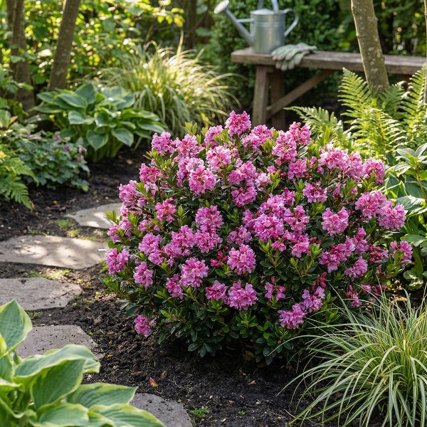 Blühender rosa Rhododendron in einem Garten mit Trittsteinen, Farnen und einer Gießkanne auf einer Holzbank.