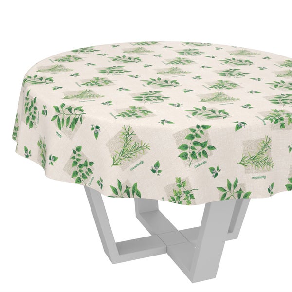 Runde Tischdecke mit Kräutermotiven wie Rosmarin und Salbei.