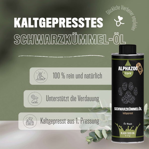 ALPHAZOO Premium Schwarzkümmelöl 250ml für Hunde I Echter Schwarzkümmel kaltgepresst