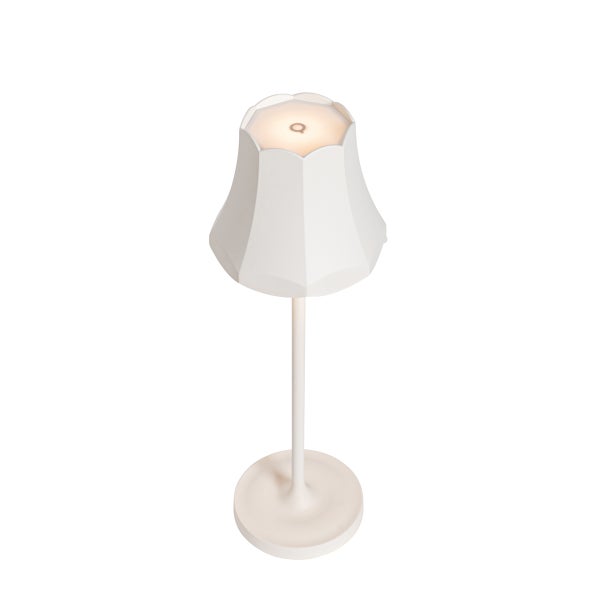 Weiße LED-Tischleuchte in Tulpenform mit schlankem Stab und rundem Standfuß.