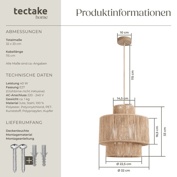Technische Zeichnung der Tectake Hängeleuchte mit Jute aus Stahl inklusive Abmessungen, Leistung und Materialdetails.