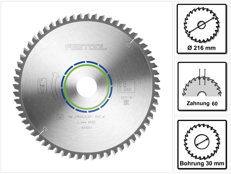 Festool Spezial Kreissägeblatt HW 216 x 30 x 2,3 mm W60 ( 491051 ) 216 mm 60 Zähne