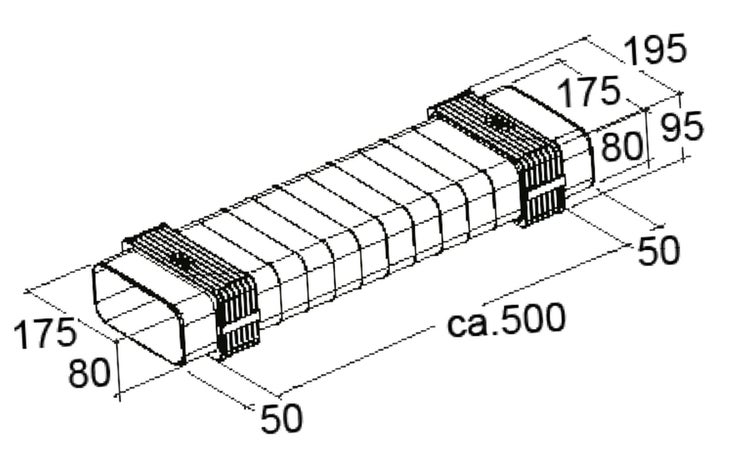 Technische Zeichnung eines Flachkanals mit Verbindungsstücken und Maßangaben in Millimetern.