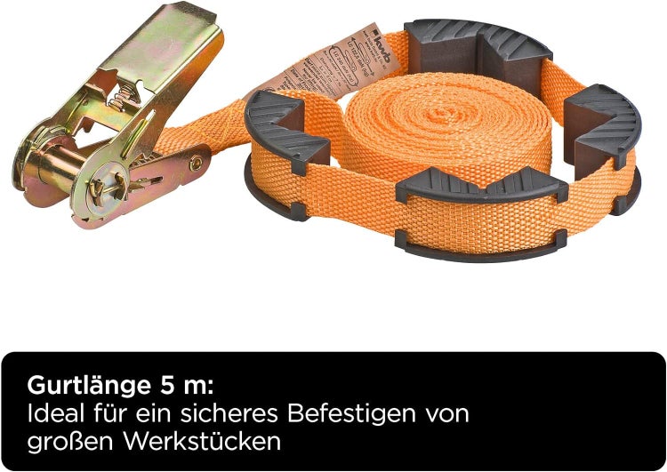 kwb Spann-Gurt mit Ratsche inkl. Führung/Kanten-Schutz - 5 m Länge, 25 mm Breite, 245 daN - TÜV/GS geprüft - Polypropylen (PP) - Strapazierfähig - Zum Verleimen von rechtwinkligen Werkstücken