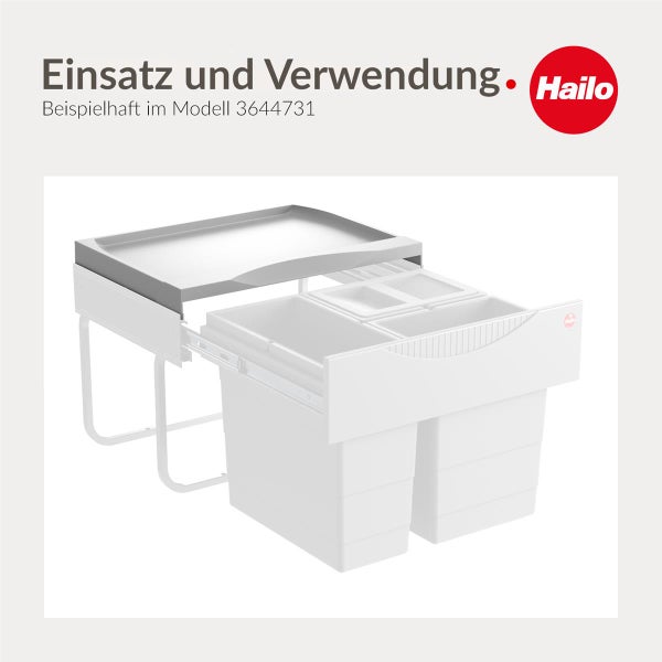 Hailo Einbauabfalltrennsystem für Schränke als beispielhafte Darstellung des Modells 3644731 inklusive Hailo Logo.