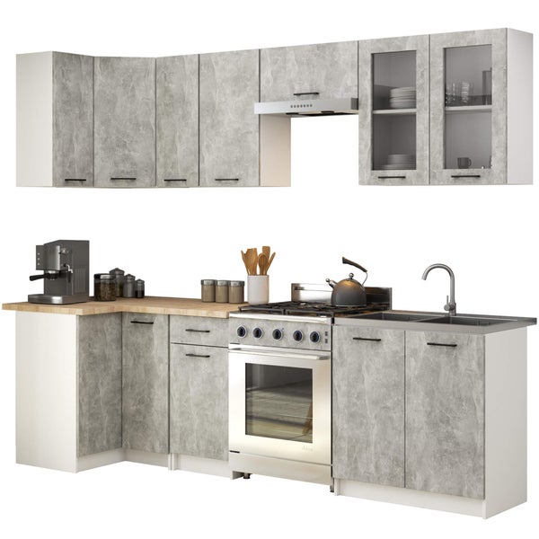 Komplette Küchenzeile mit Ober- und Unterschränken, Dunstabzugshaube und Spüle