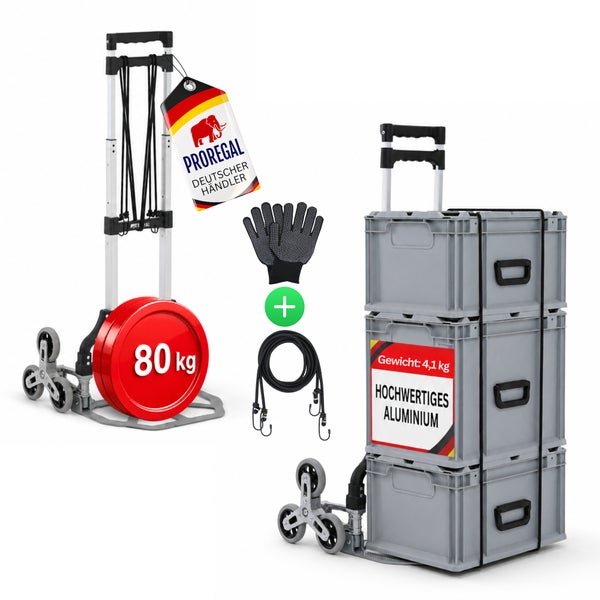 Klappbare Sackkarre aus Aluminium für Treppen, inklusive Arbeitshandschuhe und Spanngummi, Tragkraft 80 Kilogramm.