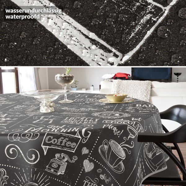 Wasserdichte Tischdecke mit Kaffeehaus-Motiven auf einem Esstisch