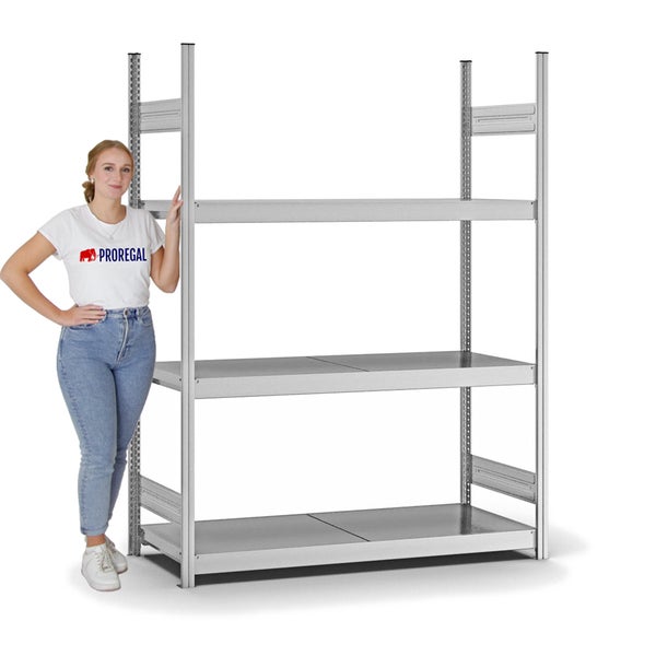 PROREGAL Weitspannregal Stecksystem T-Profil Grundregal HxBxT 200x150x50 cm 3 Ebenen Stahlplatten Fachboden Fachlast 350 kg Verzinkt