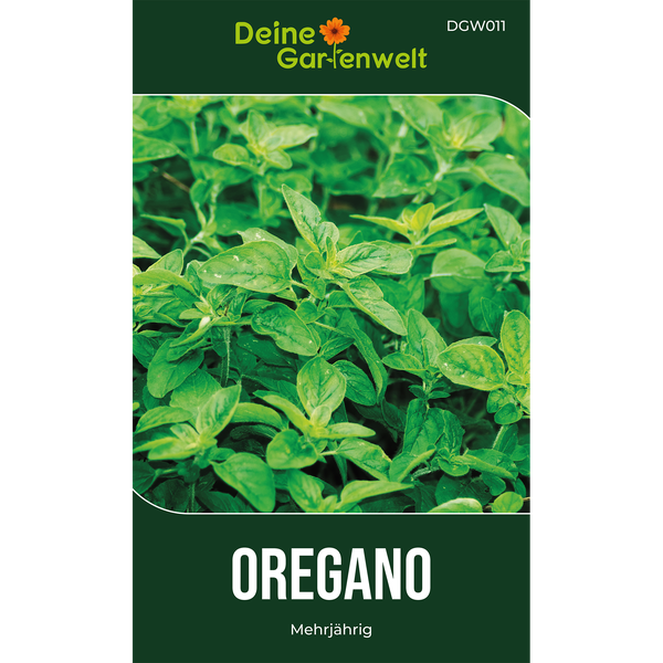 Samentüte für Oregano von Deine Gartenwelt, mehrjährig, mit einer Nahaufnahme von Oreganoblättern.