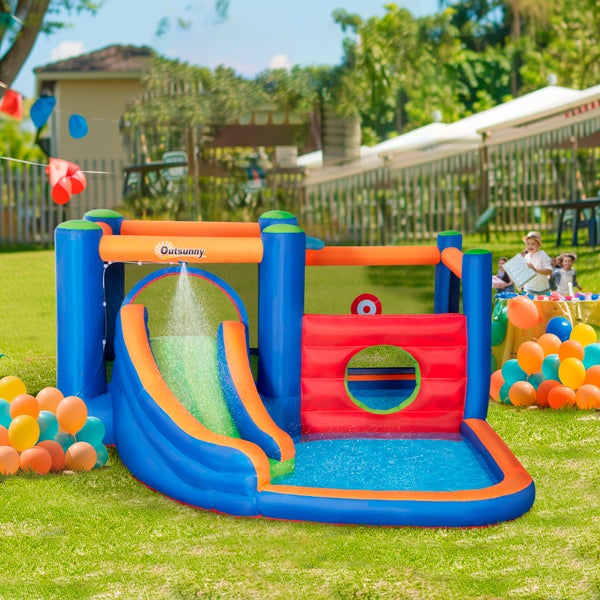 Outsunny Aufblasbare Hüpfburg Wasserpark mit Gebläse Hüpfburg mit Wasserrutsche Basketballkorb Aufblasbare Wasserspielcenter für Kinder ab 3 Jahren Trampolin Pool 380 x 340 x 170 cm