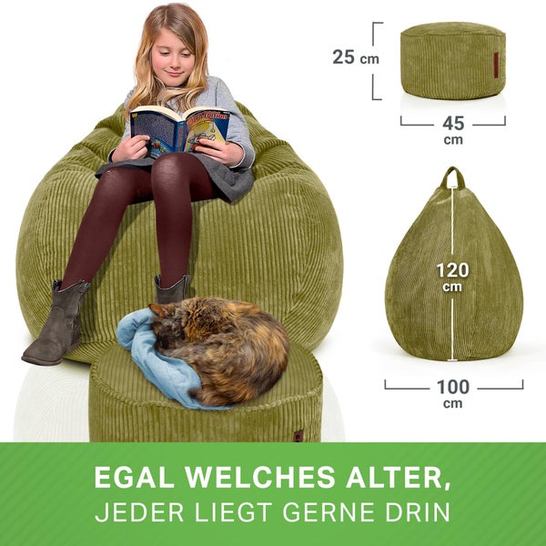 Green Bean 2er Set Indoor XXL Sitzsack + Pouf mit EPS-Perlen Füllung - Fußhocker Fußkissen Hocker Bodenkissen Liegekissen Sitzkissen Lounge Chair - Grün
