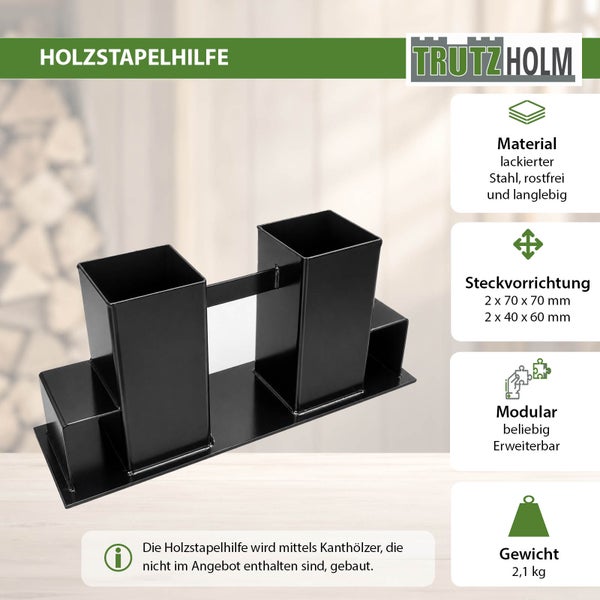 Trutzholm Holzstapelhilfe aus lackiertem Stahl zur flexiblen Erweiterung der Brennholzlagerung mit Steckvorrichtung für Kanthölzer.