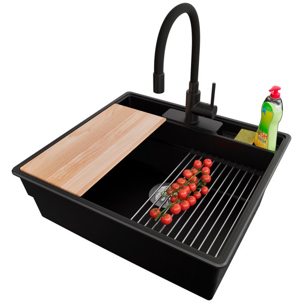 Spüle mit Schneidebrett, Abtropfgitter, Armatur und Spülmittel