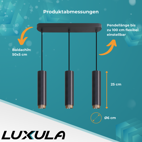 Abmessungen der Lampe mit drei Leuchten und Luxula Logo