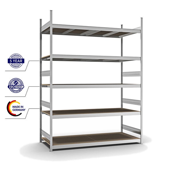 PROREGAL Weitspannregal Stecksystem T-Profil Grundregal HxBxT 300x225x80 cm 5 Ebenen Spanplatten Fachboden Fachlast 350 kg Verzinkt