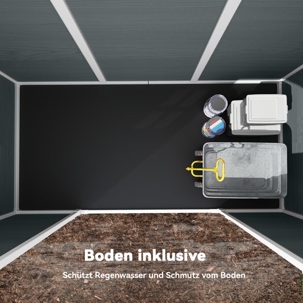 Innenansicht eines Gartenhauses mit inklusivem Boden zum Schutz vor Feuchtigkeit und Schmutz sowie einer Schubkarre und Boxen.