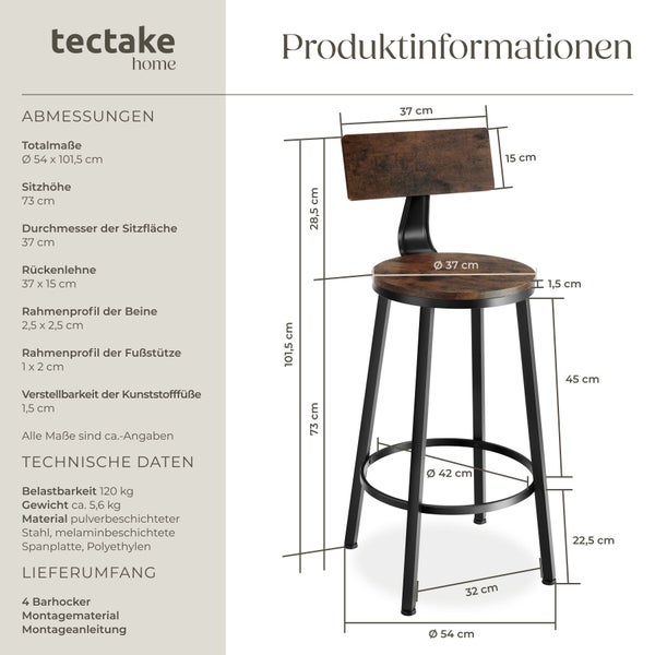 tectake home Barhocker: Gesamthöhe 101,5 Zentimeter, Sitzhöhe 73 Zentimeter, Durchmesser 37 Zentimeter, Belastbarkeit 120 Kilogramm.