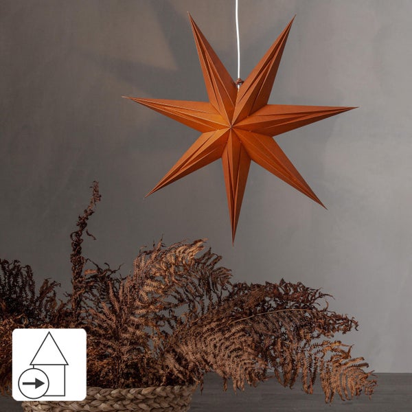 Dekorativer Papierstern hängt über einem Korb mit Farn