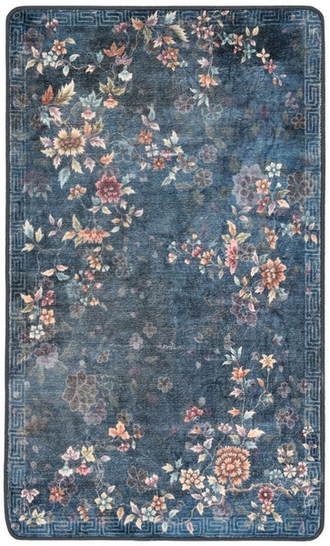 Rechteckiger Teppich mit floralem Muster im Vintage-Stil und Mäander-Bordüre.