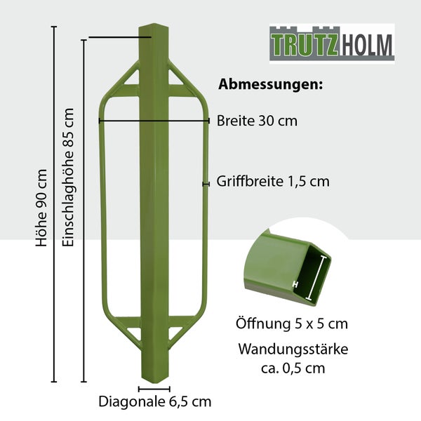 Trutzholm Pfahlramme aus Stahl mit Griffen, Gesamthöhe 90 Zentimeter, Öffnung 5 mal 5 Zentimeter für Zaunpfosten