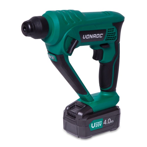 Vonroc Akku-Bohrhammer mit 20 Volt 4,0 Amperestunden Akku, grünes und schwarzes Kunststoffgehäuse.