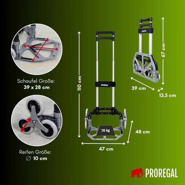PROREGAL Klappbare Treppensackkarre ELEPHANT HxBxT 110x45x48cm Traglast 70kg Aluminiumrahmen ergonomische Griffe TRR Fachgummiräder Silber Treppensteiger Sackkarre