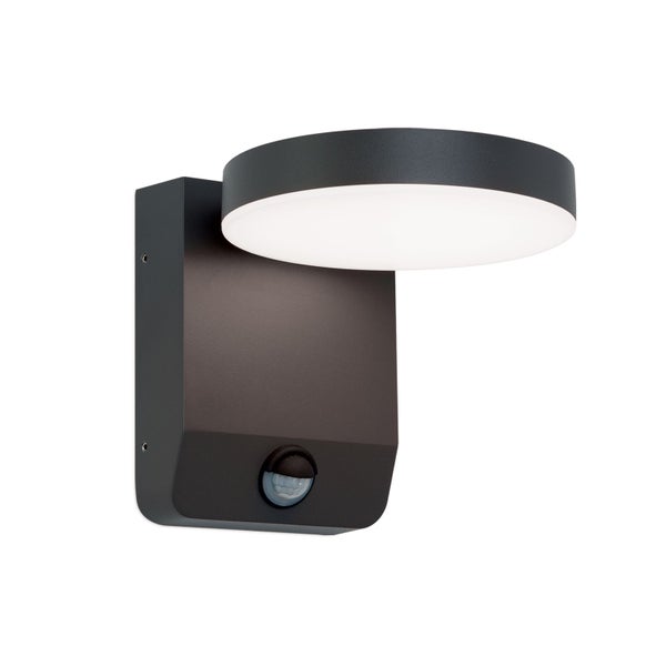 Moderne LED Außenwandleuchte mit Bewegungsmelder, runder Lampenkopf, Metallgehäuse in Anthrazit.