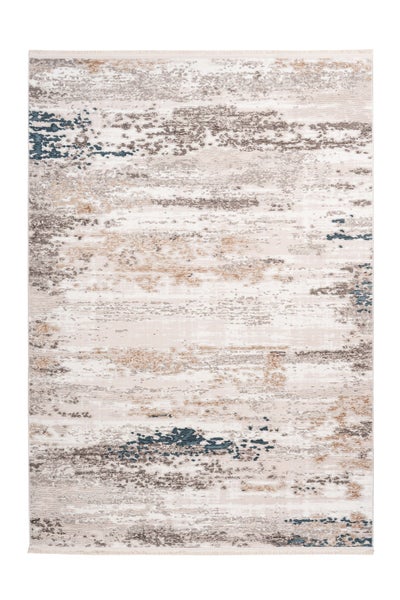 Teppich mit abstraktem Muster und kurzen Fransen in Beige, Braun und Blau.