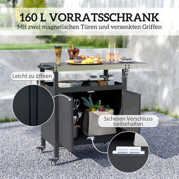 Outsunny Grillwagen 3-Etagen klappbar Servierwagen mit Arbeitsfläche Schrank Haken Räder, BBQ Grilltisch aus Edelstahl, Outdoor Rollwagen, Holzkohlegrill für Garten, Grill, 116x50x93cm Schwarz