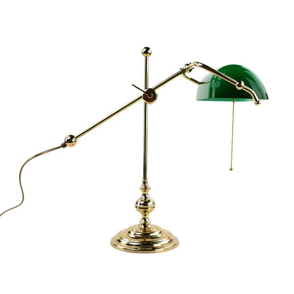 Bankerlampe mit grünem Lampenschirm und goldenem Gestell