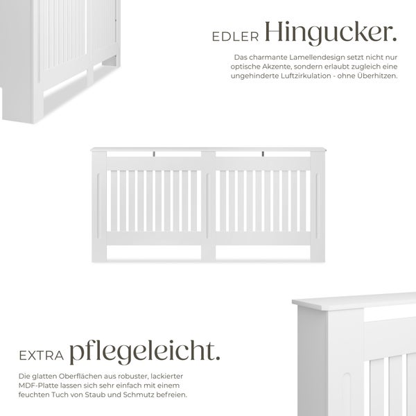 Weiße Heizkörperverkleidung mit Lamellendesign für Wohnräume