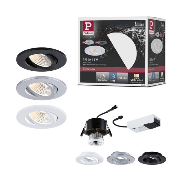 Paulmann Viona LED Einbaustrahler Set, IP65, dimmbar, 755 Lumen, White Select, inklusive drei Wechselringen in Schwarz, Silber und Weiß.