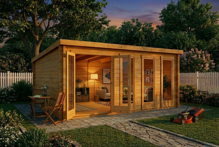 Modernes Gartenhaus aus Holz mit Pultdach, bodentiefen Glasfronten und Doppeltür, eingerichtet als Wohnraum in einem Garten.