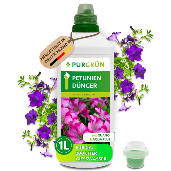 Purgrün Petuniendünger, 1 Liter Konzentrat für circa 200 Liter Gießwasser, mit Dosierkappe für gesundes Wachstum, Purgrün Logo und Petunien.
