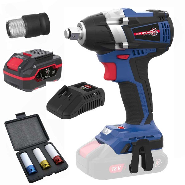 Güde Akku-Schlagschrauber 18 Volt Set mit bürstenlosem Motor, 4,0 Amperestunden Akku, Ladegerät und drei Steckschlüsseleinsätzen.