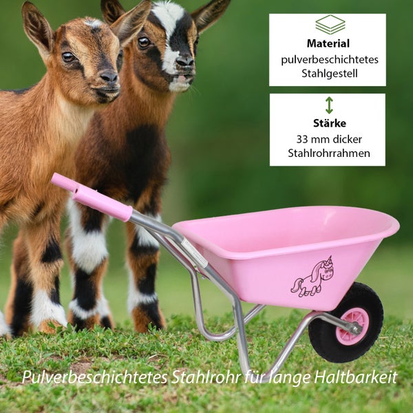 Pinke Kinderschubkarre mit Einhorn-Motiv und Stahlrohrrahmen