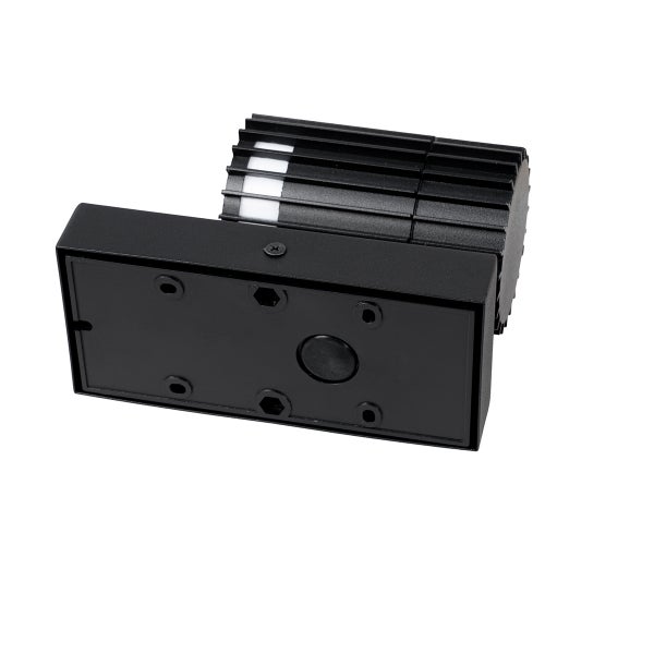 Schwarze Außenwandleuchte mit Montageplatte und zylindrischen Kühlrippen.