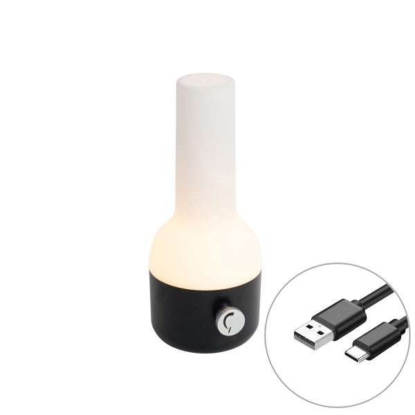 Tragbare Tischleuchte mit weißem Schirm und schwarzem Sockel inklusive Universal Serial Bus Ladekabel.