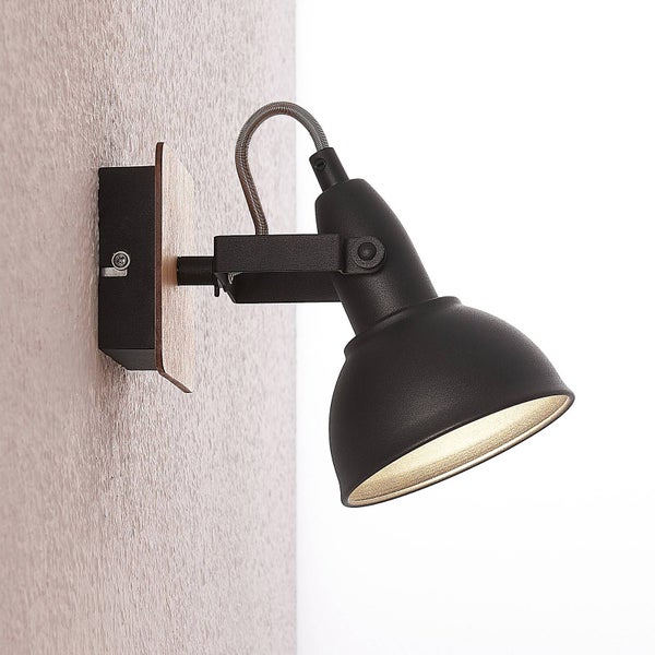 Schwarze Wandleuchte mit Holzdetails