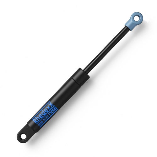 Rhedexx Gasdruckfeder 1300 Newton, Gesamtlänge 302 Millimeter, Kolbendurchmesser 28 Millimeter, Hub 100 Millimeter.