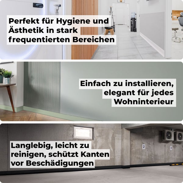 Drei Anwendungsbeispiele für Sockelleisten in Innenräumen und Tiefgaragen zur Wandgestaltung und Kantenschutz.