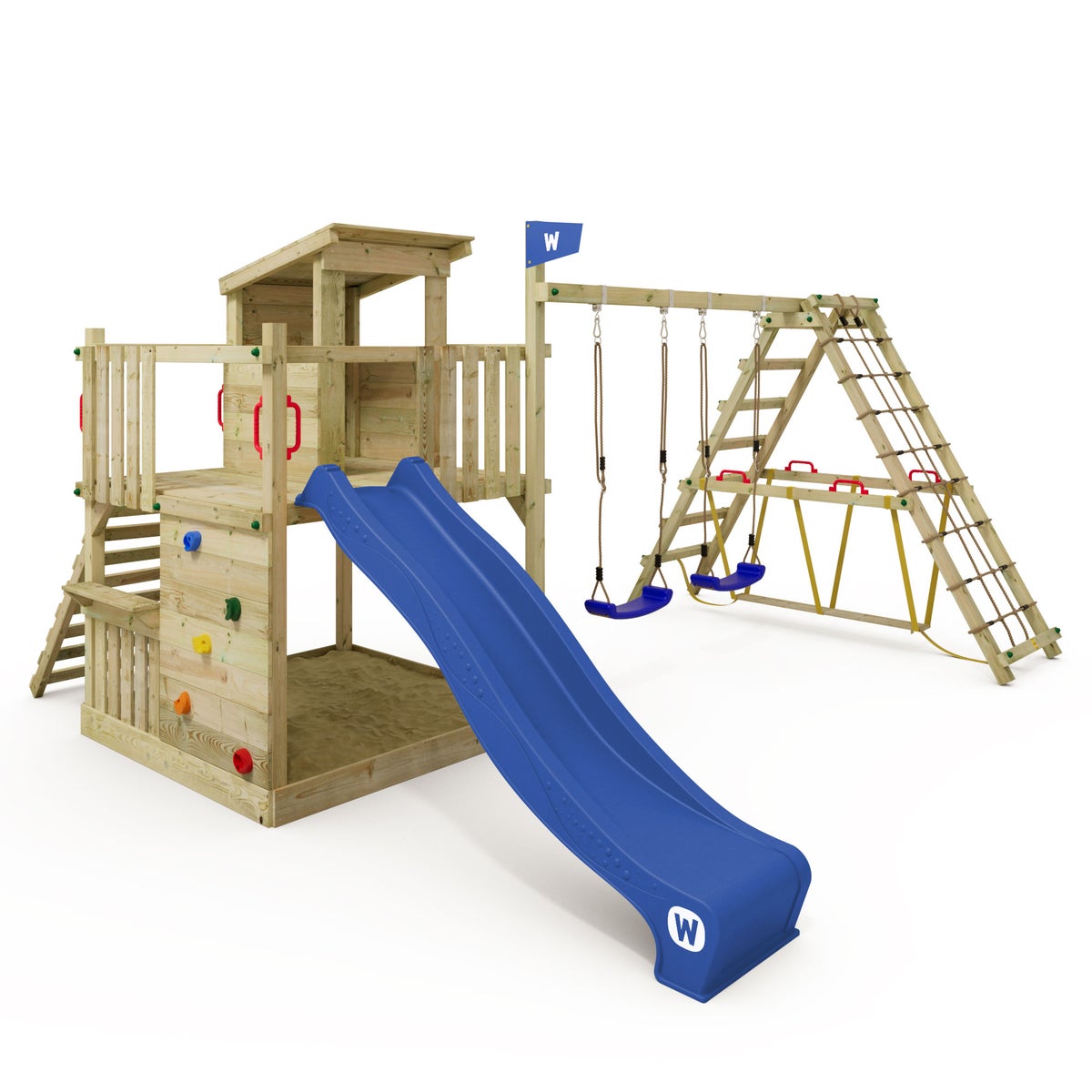 WICKEY Spielturm Klettergerüst Smart Nest mit Schaukel und Rutsche, Sandkasten, Surfswing mit Kletteranbau, Kletterwand und Spiel-Zubehör - blau