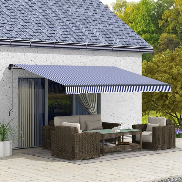 Outsunny Markise, Wandmontage Balkonmarkise mit Handkurbel, 4 x 3 m, Alu, Blau+Weiß